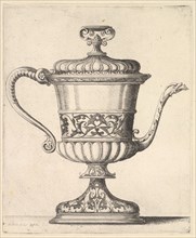 Jug with lid, engraved with arabesque pattern, the narrow spout to right ending in snak..., 1625-77. Creator: Wenceslaus Hollar.