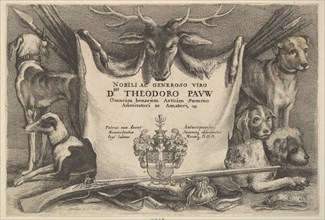 Titlepage with hounds and hunting equipment, 1646. Creator: Wenceslaus Hollar.