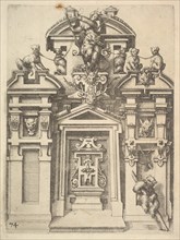 Design for an Architectural Structure with a Hunting Theme , Plate 74 from Dietterlin's Ar..., 1598. Creator: Wendel Dietterlin the Elder.