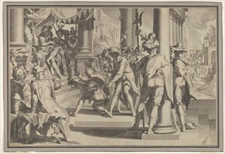 Allegory of Justice (Sanctity of the Law) with a court scene depicting a man being pardone..., 1605. Creator: Willem van Swanenburg.
