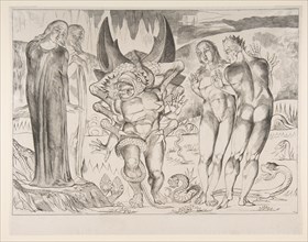 Circle of Theives: Agnello Brunelleschi Attacked By a Six-Footed Serpent, from Dan..., ca. 1825-27. Creator: William Blake.