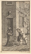 Hudibras Wooing the Widow (Seventeen Small Illustrations for Samuel Butler's Hudibras..., 1721-26. Creator: William Hogarth.
