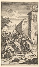Hudibras Vanquished by Trulla (Seventeen Small Illustrations for Samuel Butler's Hudibr..., 1721-26. Creator: William Hogarth.