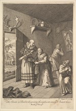 The Curate and the Barber Disguising Themselves to convey Don Quixote Home (Six I..., 1756 or after. Creator: William Hogarth.