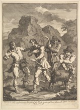 Don Quixote and the Knight of the Rock (Six Illustrations for Don Quixote), 1756 or after. Creator: William Hogarth.