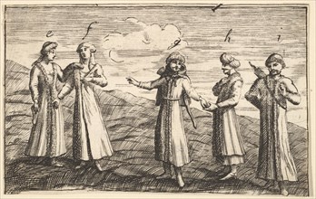 Five Standing Muscovites (Aubry de La Mottraye's "Travels throughout Europe, Asia and i..., 1723-24. Creator: William Hogarth.