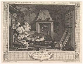 The Idle 'Prentice Returned from Sea and in a Garret with a Common Prostitute..., December 30, 1747. Creator: William Hogarth.