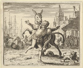 The Ass, Jealous of the Attention the Dog Is Getting From His Master, Looks to Imitate Him by Jumping at the Master's Neck. From Hendrick van Alcmar's Renard The Fox, 1650-75. Third state of four.