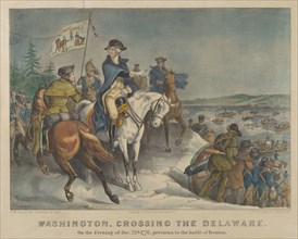 Washington, Crossing the Delaware-On the Evening of Dec. 25th 1776, previous to the Battle of Trenton., 1876. During the American Revolution. George Washington points to the river as the troops embark...