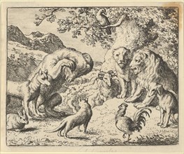 The Bear Seeks Justice from the Lion Against Renard. From Hendrick van Alcmar's Renard The Fox