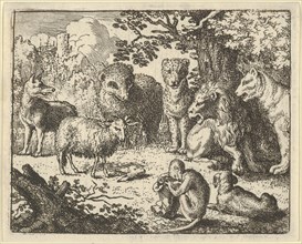The Monkey Opens the Package and Removes the Rabbit's Head to the Great Surprise of the Animals. From Hendrick van Alcmar's Renard The Fox