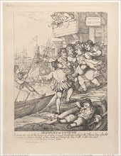 Miseries of London: Entering upon any of the bridges of London or any of the passages leading to the Thames being assailed by a group of watermen holding up their hands and bawling out. Oars Sculls. S...