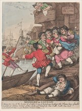 Miseries of London: Entering upon any of the bridges of London or any of the passages leading to the Thames being assailed by a groupe [sic] of watermen holding up their hands and bawling out. Oars Sc...