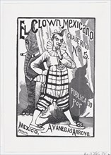 A clown standing with one hand on his hip and an elephant peering out from behind a curtain, illustration for 'El Clown Mexicano (The Mexican Clown)' published by Antonio Vanegas Arroyo, ca. 1880-1910...