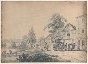 A Coach Outside an Inn, 1785-90.  country inn with a carriage stopped in front and a lady and two gentleman entering the front door. Other couples stroll along the road near a small chapel and on a ri...