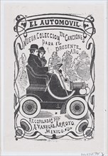 A couple sitting in an automobile, illustration for ' El Automóvil,' publisbed by Antonio Vanegas Arroyo, ca. 1880-1910.