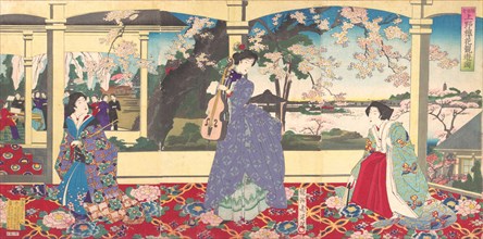 A Dance Party: Enjoying Cherry Blossom Viewing at Ueno (Tobukai Ueno oka yuran no zu), March, 1887.