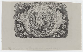 A female saint standing with a cavalier and surrounded by angels and skeletons, ca 1890-1910.