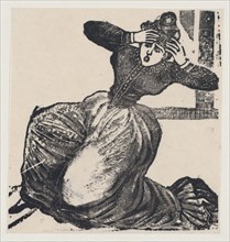 A gasping woman on the ground with her hands raised to her head, from a broadside entitled 'Gaceta Callejera', 1893.