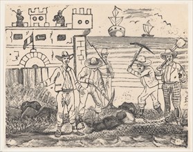 A group of prisoners performing labor by the sea, from a broadside entitled "Ultimas noticias de Gerardo Nevraumont y compañeros' [Treffel, Sousa and Caballero?], 1892.