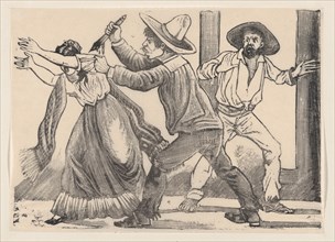 A man grabbing a woman by her sleeve and stabbing her, from a broadside entitled 'The murder of Leandra Martinez by her brother, Manuel', 1891.
