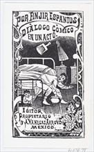 A man sitting on a bed being poked with a broom by someone under the bed, illustration for 'Por Finjir Espantos,' edited by Antonio Vanegas Arroyo, ca. 1880-1910.