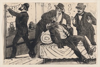 A man stabbing another man in the chest while his associates loot a store, [Nevraumont, Treffel, Sousa and Caballero?] from a broadside entitled 'The theft at La Profesa', ca. 1890-1891.