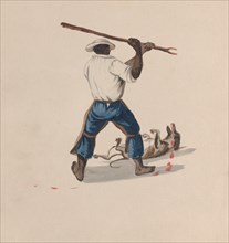 A man viewed from behind beating a dog with a stick, from a group of drawings depicting Peruvian costume, ca. 1848.