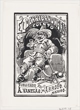 A man with weapons and a pipe in his mouth flanked by two skeletons, illustration for 'El Derribahombres,' published by Antonio Vanegas Arroyo, ca. 1880-1910.