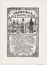A print shop with a printer handing something to a gentleman, 'Imprenta de A. Vanegas Arroyo,' published by Antonio Vanegas Arroyo, ca. 1880-1910.