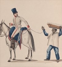 A soldier on horseback holding a rope that secures an indigenous slave balancing a plate on his head, from a group of drawings depicting Peruvian costume, ca. 1848.