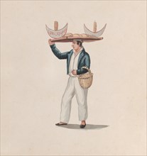 A tortilla vendor balancing a tray on his head, from a group of drawings depicting Peruvian costume, ca. 1848.