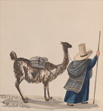 A woman walking with a Llama, from a group of drawings depicting Peruvian costume, ca. 1848.