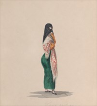 A woman wearing the saya standing in profile, from a group of drawings depicting Peruvian costume, ca. 1848.