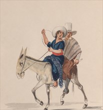 An Indian man and woman riding a donkey, from a group of drawings depicting Peruvian costume, ca. 1848.