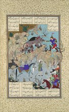 Bahram Chubina Slays the Lion-Ape, Folio 715v from the Shahnama (Book of Kings) of Shah Tahmasp, ca. 1530-35.