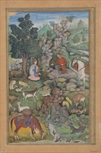 Bahram Gur Sees a Herd of Deer Mesmerized by Dilaram' s Music, Folio from a Khamsa (Quintet) of Amir Khusrau Dihlavi, 1597-98.