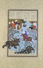 Bahram Gur Slays the Rhino-Wolf, Folio 586r from the Shahnama (Book of Kings) of Shah Tahmasp, ca. 1530-35.