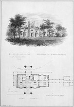 Belmead, James River, Virginia, Residence of Philip St. George Cocke (vignette of riverside elevation and plan), 1845.