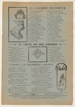 Broadsheet featuring three love ballads with vignettes showing a woman reading, a woman's head in a heart pierced by an arrow and a woman walking, 1918 (published).