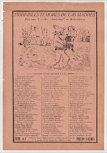 Broadsheet relating to a fear of kidnappers, a kidnapper grabbing a child in a field while a horse carriage waits in the background, ca. 1920 (published).