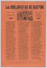 Broadsheet relating to a worker's strike in Orizaba, workers holding up the Mexican flag, flanked by soldiers, 1920 (published).