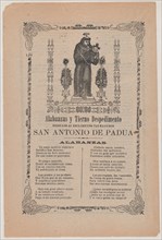 Broadsheet relating to Saint Anthony of Padua who is shown holding the Christ child flanked by a candelabra with flowers, ca. 1900-1913.