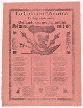 Broadsheet relating to the bullfighting calavera who has arrived at full speed, screaming with much energy, 1908.