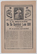 Broadsheet relating to the death of Pope Leo XIII, he is shown in his study flanked by angels, ca. 1900-1913.