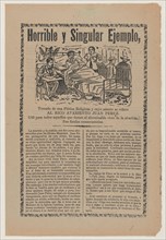 Broadsheet relating to the greed of Juan Pérez and his ill-gotten financial gains through dishonesty and swindling the church, a description in the bottom section, ca. 1900-1910.
