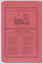 Broadsheet with a ballad about a man who stands outside his lover's window and sings to her, ca.1905.