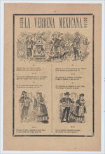 Broadsheet with a verse about a woman who rejects a male suitor for another, vignettes of a woman talking to various men, ca. 1900-1913.