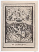 Broadsheet with image of a chained woman in purgatory and the Holy Trinity above, ca. 1900-1910.