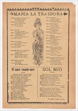 Broadsheet with three ballads about love, a woman wearing a dress and hat placing one hand to her chest and the other behind her back, ca.1920 (published).